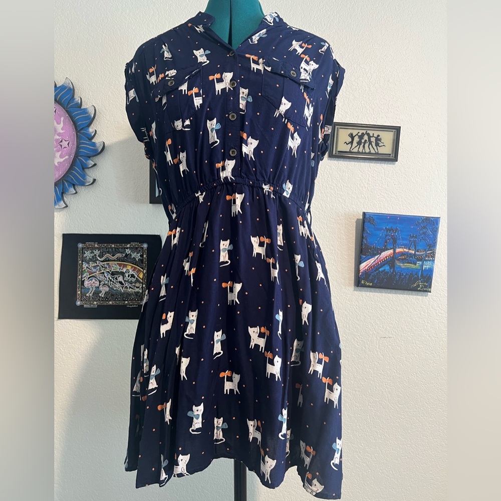 Angie Blue Dress with Cat and Bow Print